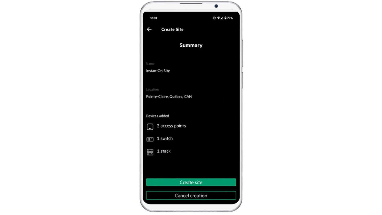 Instant On Mobile App Create Site screen.